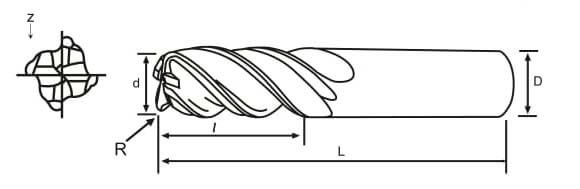 D4.0 x 0.5R x 9FL x 50OAL x 6SHK x Z4 Ball nose endmill with corner radius variable helix depending on component material